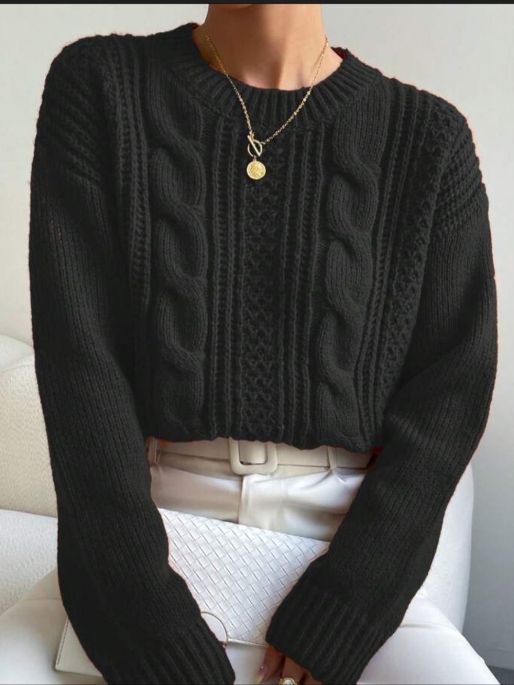 SHEIN Black Cable Knit Cropped Crew Sweater Size Medium